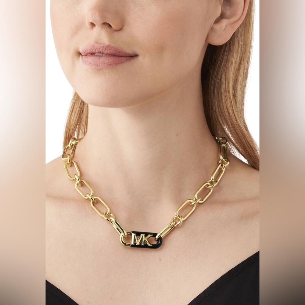 NWT Michael Kors 14K Gold-Plated Black Empire Link Chain Necklace - Picture 2 of 4